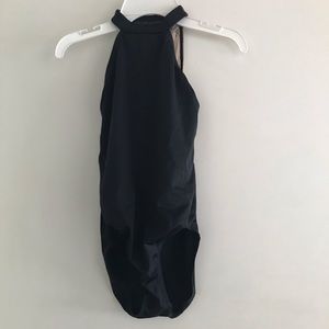 black leotard with mesh and velvet detailing